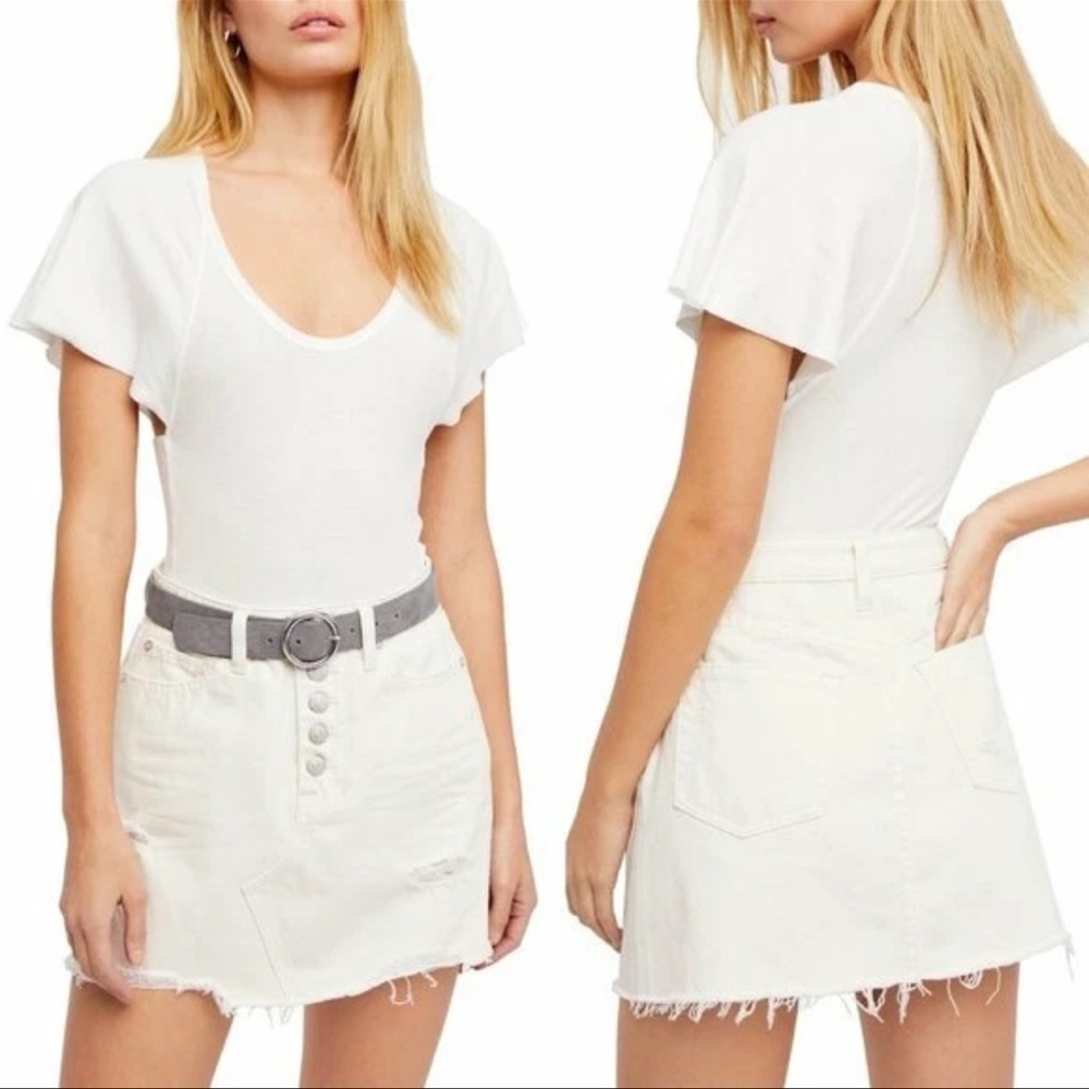 WE THE FREE denim distressed button fly raw hem mini skirt size 26